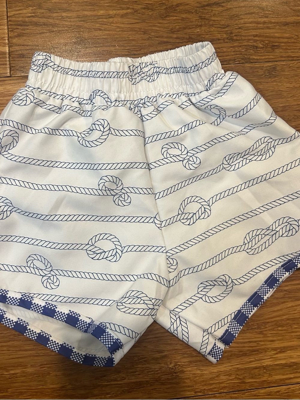 Toddler Sugar Bee White Swim Shorts with Navy Rope Print